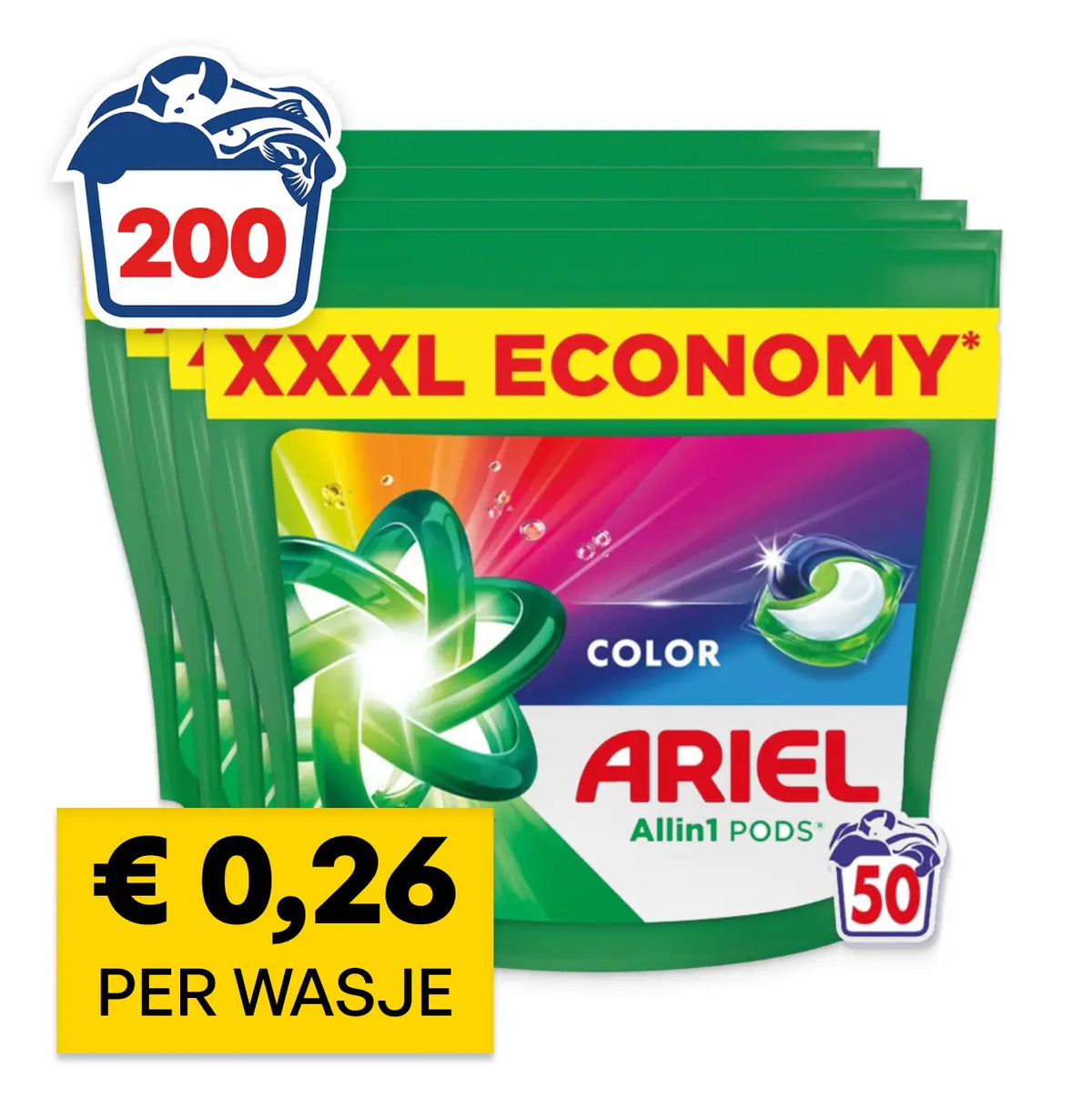 Ariel wasmiddel pods – Color All-in-1 | 200 wasbeurten | €0,26 per wasje