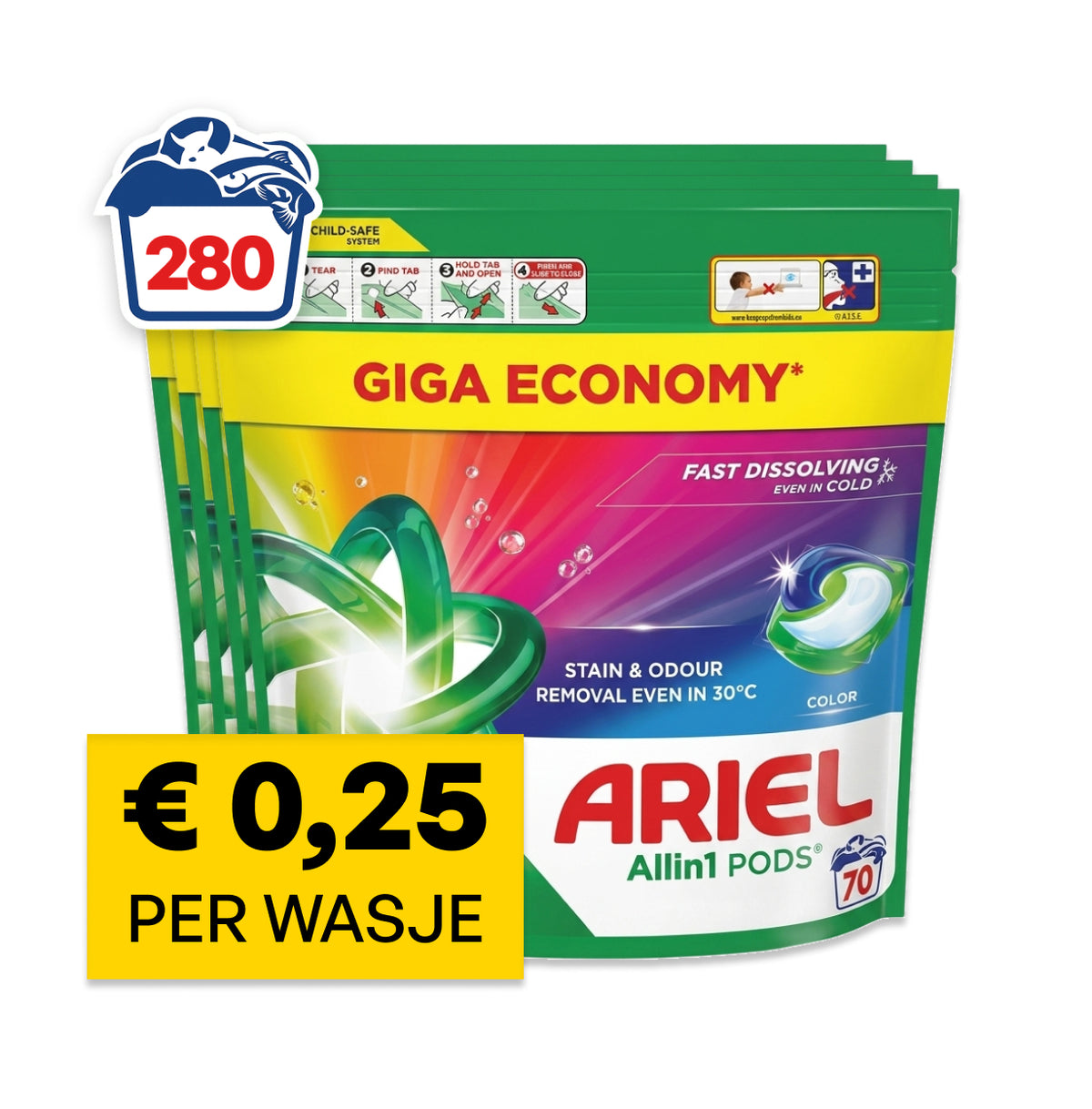 Ariel wasmiddel pods – Color All-in-1 | 280 wasbeurten | €0,25 per wasje